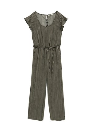 Raidallinen haalari mustavalkoisena, jossa on lyhyet liehuvat hihat, pyöreä pääntie, vyöllinen vyötärö ja leveät lahkeet.