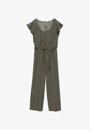 Svītrainšs kombinezons melnbaltā krāsā, ar īsām plandošām piedurknēm, apaļu kakla izgriezumu, jostu viduklī un platām kājām.