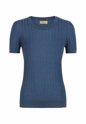 Kurzarmpullover in tiefblau, aus geripptem Strickmaterial gefertigt, mit Rundhalsausschnitt und tailliertem Design mit strukturiertem Muster.