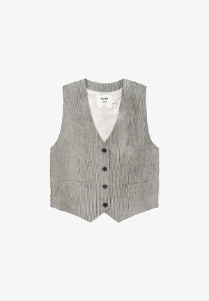 Szary i biały pasiasty bezrękawnik z dekoltem w serek, sześcioma guzikami i dwoma przednimi kieszeniami. Wykonany z lekkiego materiału, z metką z tkaniny wewnątrz.