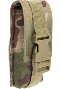 Camo-patterned tactical pouch made of durable fabric with a plastic buckle. Features adjustable strap and reinforced stitching for durability.