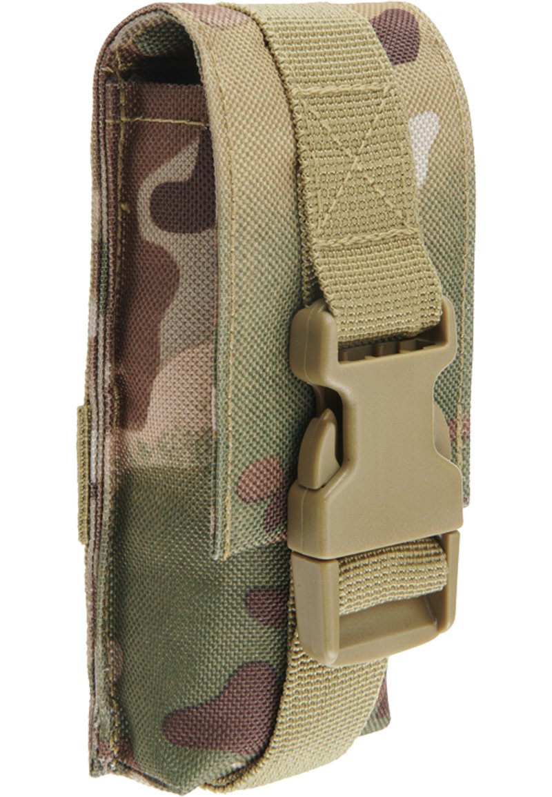 Camo-patterned tactical pouch made of durable fabric with a plastic buckle. Features adjustable strap and reinforced stitching for durability.