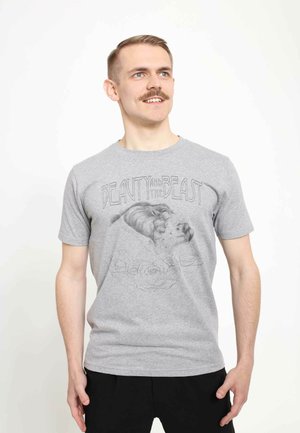 Gray cotton t-shirt featuring a graphic illustration of characters from "Beauty and the Beast" with roses below the design. Short sleeves.