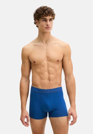 Athletischer Mann mit lockigem Haar, der blaue Boxer-Shorts mit gebrandetem Bund trägt und vor einem schlichten hellen Hintergrund steht.