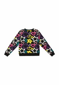 Wielokolorowa bluza z czarnym tłem, zdobiona zabawnymi graficznymi wzorami uśmiechniętych buziek, serc, gwiazdek oraz motywów błyskawic.