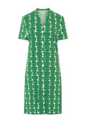 Vestido de manga corta con botones, en verde y blanco, con un patrón rectangular abstracto, de longitud hasta la rodilla y sin cuello.