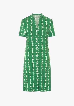 Vestido de manga corta con botones, en verde y blanco, con un patrón rectangular abstracto, de longitud hasta la rodilla y sin cuello.