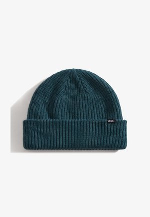 Teal knitted beanie with ribbed texture and a folded cuff. Features a small black Vans logo tag on the side.