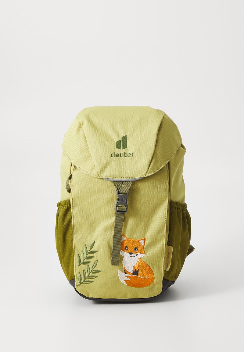 Green and yellow fabric backpack featuring a fox embroidery, side pockets, adjustable straps, and a top flap with a buckle closure.