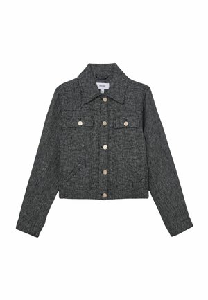 Tumehall tekstuuriga jakk pikkade varrukate, nööpidega esikülje, kahe rinna pealse tasku ja terava krae detailiga, asetatud mustrile valgele taustale.