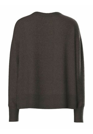 Dark brown knitted sweater with a relaxed fit, ribbed neckline, and cuffs. The back features a smooth texture with no additional detailing.