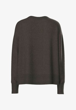 Pull en tricot marron foncé avec une coupe décontractée, un col et des poignets côtelés. Le dos présente une texture lisse sans détails supplémentaires.