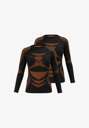 Black long-sleeve tops with orange geometric patterns, featuring rounded necklines and raglan sleeves. Made from stretchable fabric for comfort.