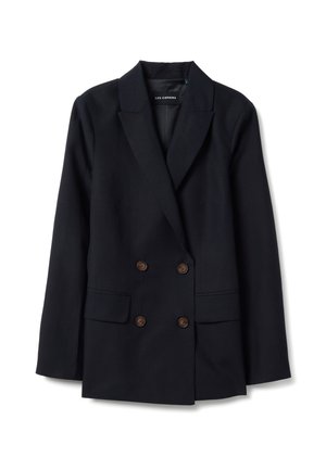 Zwarte dubbelgeknoopte blazer met vier bruine knopen, notched revers, klepzakken en een getailleerde pasvorm van Les Copains.