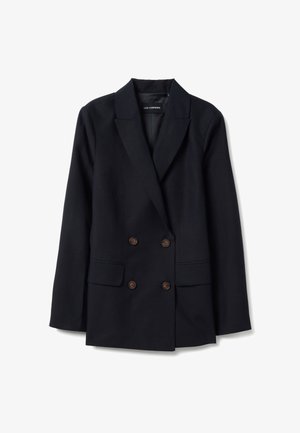 Schwarzer zweireihiger Blazer mit vier braunen Knöpfen, aufgeschlagenem Revers, Pattentaschen und tailliertem Schnitt von Les Copains.