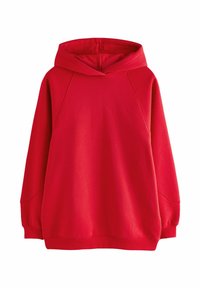 Roter Pullover-Hoodie aus weichem Stoff. Verfügt über eine große Kapuze, Raglanärmel und gerippte Bündchen. Glatte Textur, keine sichtbaren Muster.