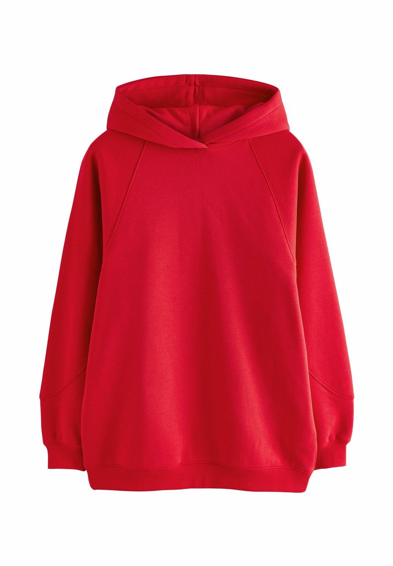 Roter Pullover-Hoodie aus weichem Stoff. Verfügt über eine große Kapuze, Raglanärmel und gerippte Bündchen. Glatte Textur, keine sichtbaren Muster.