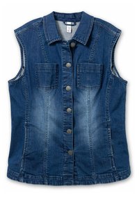 Jeans väst utan ärmar, mörkblå tvätt, med två bröstfickor och framknäppning med silverfärgade knappar. Slät yta.