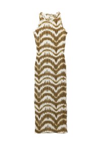 Ärmelloses, enganliegendes Maxikleid in Weiß mit braunem Batikmuster. Glattes Material; gerade Silhouette; runder Ausschnitt; keine zusätzlichen Verzierungen.