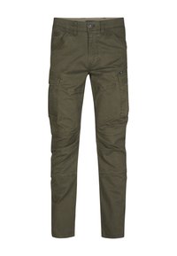 Pantalons cargo vert olive, en coton, dotés de plusieurs poches sur les côtés, d'une coupe droite et d'une fermeture éclair avec bouton à la taille.
