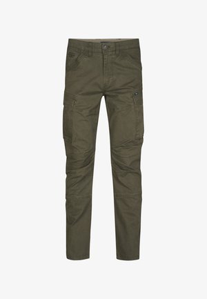 Pantaloni cargo de culoare verde măsliniu, fabricați din bumbac, cu multiple buzunare laterale, design cu pantaloni drepți și închidere cu fermoar și buton la talie.