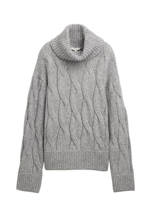Pull en maille torsadée gris avec un grand col roulé. Présente des motifs texturés ainsi que des poignets et un ourlet côtelés. Tissu en tricot doux et épais.