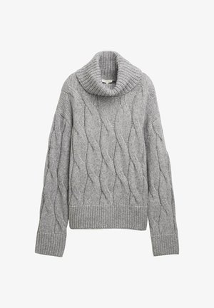 Grijze kabelgebreide trui met een grote col. Heeft gestructureerde patronen en geribbelde manchetten en zoom. Zachte, chunky breisel.