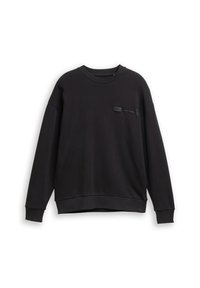 Sort sweatshirt med ribbet tekstur, rund hals, lange ærmer og et lille logo-patch på fronten. Har en afslappet pasform og elastiske manchetter.