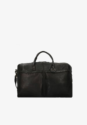 Sac de voyage en cuir noir avec des compartiments à double fermeture éclair, deux poches avant, des poignées robustes et une sangle d'épaule réglable.