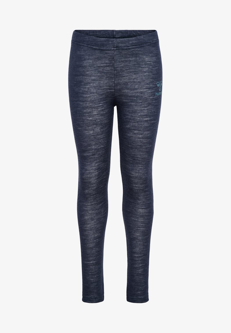 Navyblauwe leggings gemaakt van rekbare, gestructureerde stof. Voorzien van een tailleband en een klein logo-detail bij de heup. Gladde afwerking.