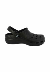Black clogs made of lightweight, durable material with ventilation holes, slotted heel strap, and textured sole for grip.
