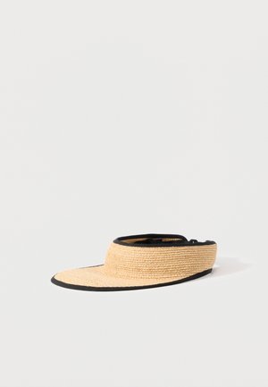 Wide-brimmed beige woven sun visor with black edges, designed to shield the face while leaving the top of the head uncovered.