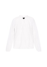Weiße Bluse mit langen Ärmeln, rundem Ausschnitt, gerafften Akzenten und einer weichen Textur, die dezente Punktmuster aufweist.
