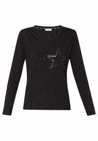 T-shirt nero a maniche lunghe con scollo a V, caratterizzato da un design di stelle argentate lucide e testo stampato in argento abbinato. Materiale morbido e elasticizzato.