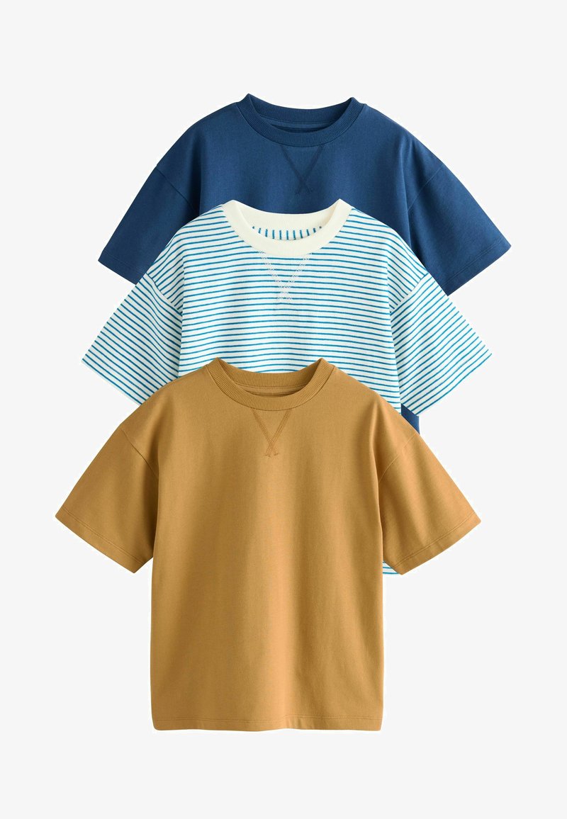 Three short-sleeve crew neck t-shirts in solid navy, white with blue stripes, and solid mustard colors, layered vertically.