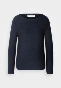 Pull en maille bleu marine foncé à manches longues avec un col rond et une étiquette de marque visible à l'intérieur du col.