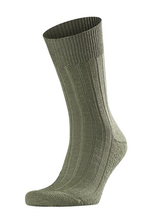 Olivgrüne Socke mit geripptem Muster, Knöchelhöhe, verstärktem Fersen- und Zehenbereich, weichem Material und glattem Finish.