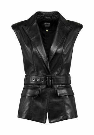 Czarna skórzana bezrękawnik z paskiem w talii, klapkami, dwoma przednimi kieszeniami i gładką, błyszczącą teksturą.