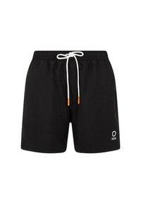 Pantaloni da bagno neri realizzati in tessuto leggero con vita elasticizzata, cordino bianco e punte arancioni a contrasto. Presenta un piccolo logo.
