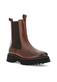 Brune læder ankelstøvle med elastiske sidestykker, gummisål med godt greb og pull tabs. Glat tekstur med kontrasterende elastikdetaljer.