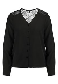 Czarna bluzka z długim rękawem, wykonana z gładkiego materiału, z dekoltem w kształcie litery V i koronkowymi akcentami na ramionach.