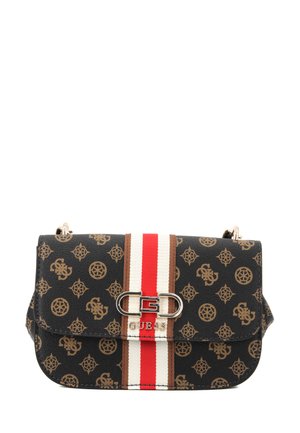 Borsa in eco-pelle nera con motivo monogramma dorato, dettagli a strisce rosse e marroni, e finiture in argento. Chiusura a pattina con dettaglio del logo.