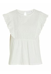Top de algodón blanco con detalles de ojales, mangas con volantes y abertura en la espalda. Textura suave con un corte holgado y cintura fruncida.