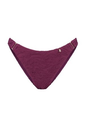 Bikinihose in strukturiertem tiefviolettem Stoff mit wellenförmigem Muster. Verfügt über geraffte Seiten und goldfarbene Metallakzente.