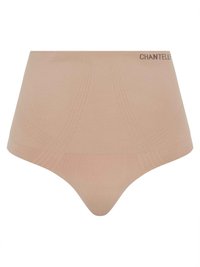 Beige high-waisted brief made of smooth fabric, featuring subtle lines and a logo at the waistband. No visible seams; seamless design.