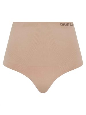 Beige high-waisted brief made of smooth fabric, featuring subtle lines and a logo at the waistband. No visible seams; seamless design.
