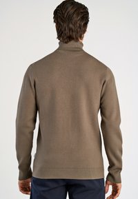 Maglione a collo alto marrone lavorato a maglia con maniche lunghe, polsini e fondo a costine. Texture liscia, design aderente, senza motivi o accessori visibili.