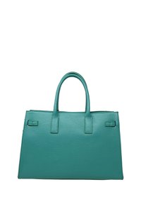 Tyrkysová obdélníková kožená kabelka s dvěma zaoblenými uchy a minimem švů na bílém pozadí.