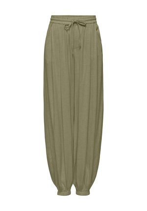 Luźne zielone oliwkowe spodnie z elastycznym pasem, sznurkiem, bocznymi kieszeniami i marszczonymi, elastycznymi mankietami przy kostkach.