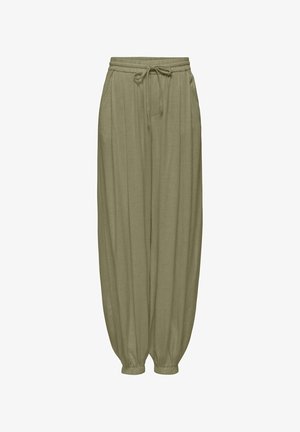 Luźne zielone oliwkowe spodnie z elastycznym pasem, sznurkiem, bocznymi kieszeniami i marszczonymi, elastycznymi mankietami przy kostkach.